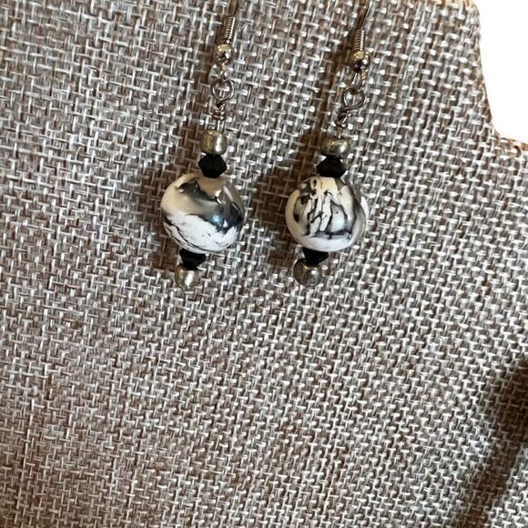 Handmade Polymer Clay Statement Necklace and Earring Set Black White Silver Tone - Picture 7 of 9